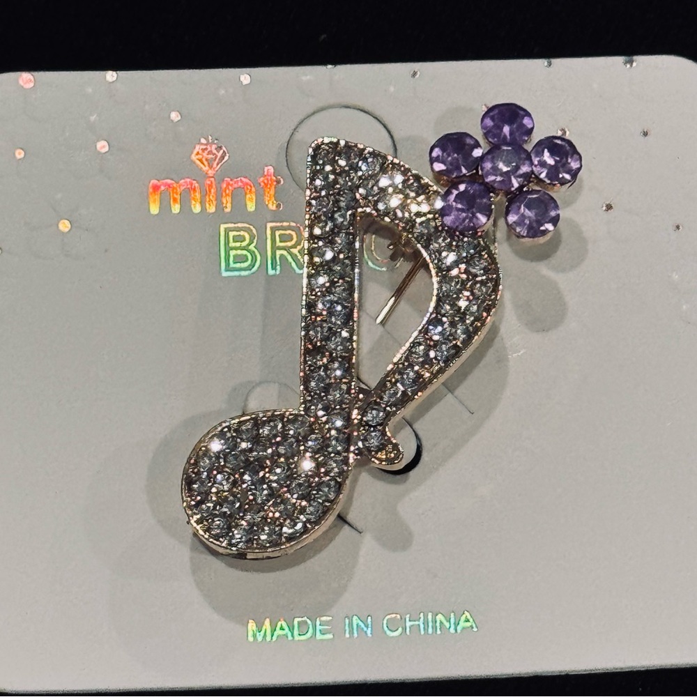 NWT Mint Rhinestone Music Note & Flower Brooch Pin - Picture 2 of 8